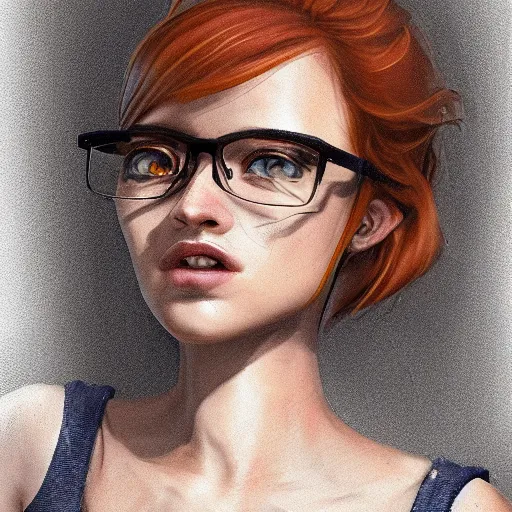 Prompt: high detail concept art, beautiful ginger woman with glasses, dynamic lighting, atmospheric, trending on artstation