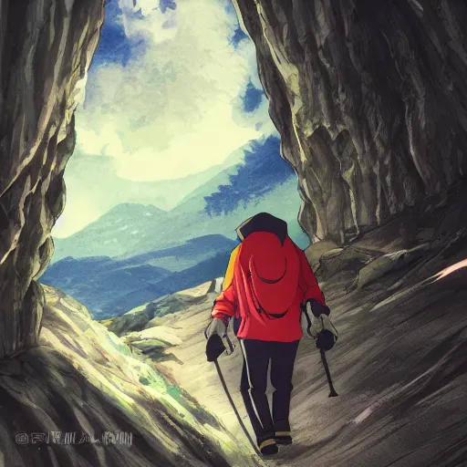 Image similar to person with hoodie walking up a mountain with a backpack that has katanas on the sides by carrie south and aokamei and sasucchi 9 5, anime, amazing composition, astonishing detail, smooth lines, beautiful scenery