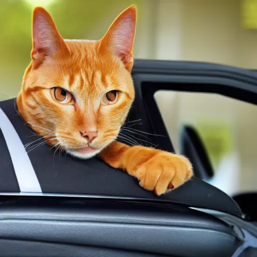 Image similar to an anthropomorphic orange tabby cat driving a car