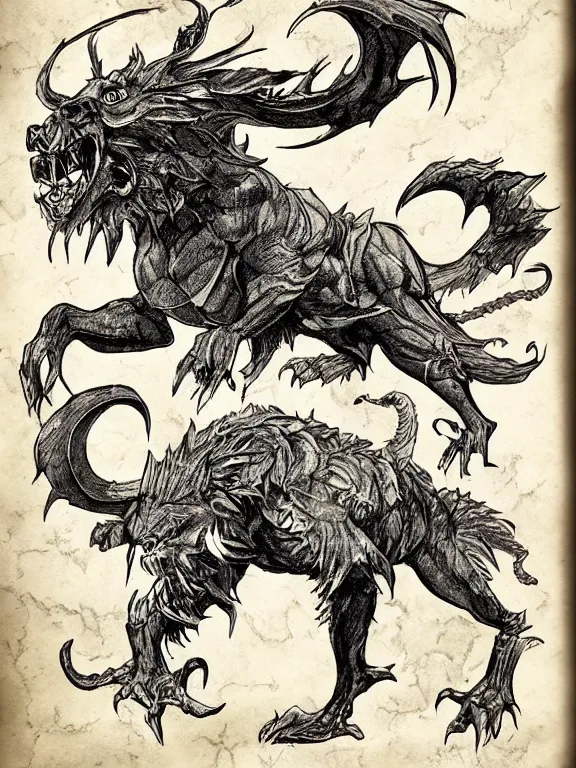 Image similar to ink illustration of a four legged beast, monster manual style, dungeons and dragons guidebook, tan parchment paper