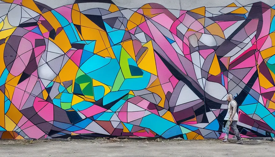 Prompt: stray dog sleeping under graffiti 3 d street art depicting vibrant abstract geometry in the style of daim. odeith on the wall of a handball court