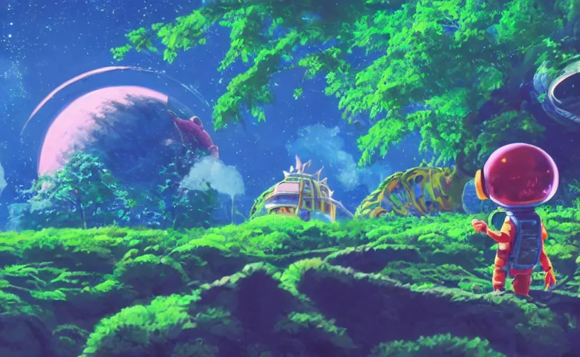 Image similar to a still of a cute adorable tiny astronaut, on a planet of lush colorful foliage, with an enormous kaiju dragon surrounding the full background, magical forest, sharp focus, neon backlit, highly detailed, disney pixar studio ghibli makoto shinkai, digital painting, matte, octane render, global illumination, iridescent, anime, 8 k concept art