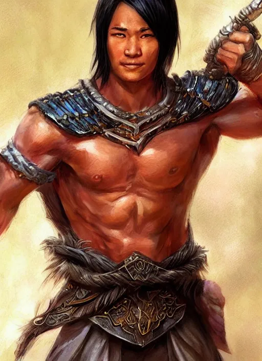 Image similar to muscly asian man with medium black parted hair, dndbeyond, bright, colourful, realistic, dnd character portrait, full body, pathfinder, pinterest, art by ralph horsley, dnd, rpg, lotr game design fanart by concept art, behance hd, artstation, deviantart, hdr render in unreal engine 5