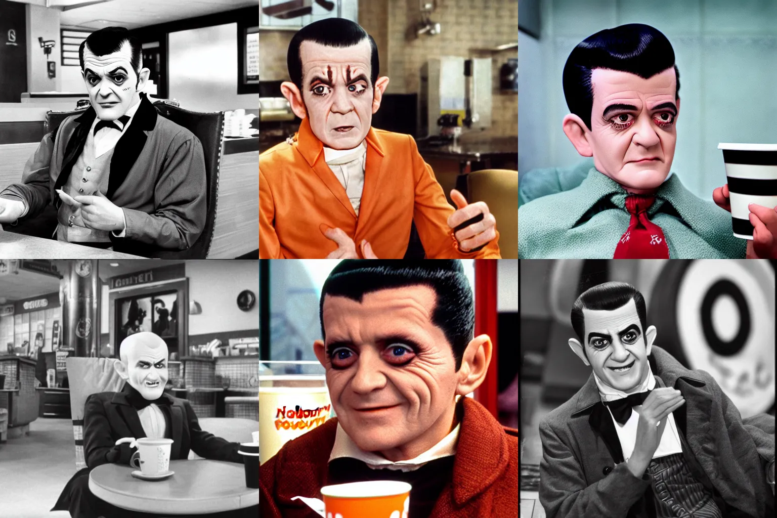 Prompt: Color still of old man as Eddie Munster from The Munsters (1964) relaxing in dunkin donuts, with accurate face, UHD, DSLR photo