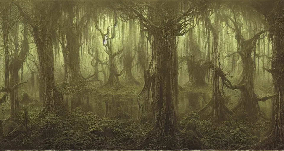 Image similar to A dense and dark enchanted forest with a swamp, by john howe