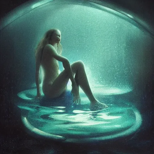 Image similar to silhouette of a Elle Fanning underwater in a pool, pitch black room, extremely detailed masterpiece, oil on canvas, low-key neon lighting, artstation, Blade Runner 2049, Roger Deakin’s cinematography, by J. C. Leyendecker and Peter Paul Rubens,