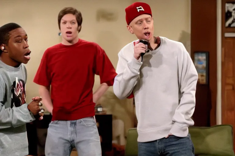 Prompt: eminem rapping in episode of that 7 0 s show, hd image