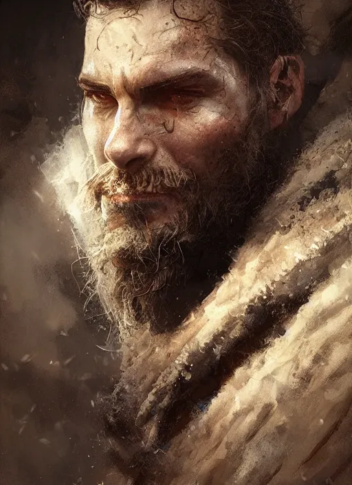 Prompt: portrait of a rugged medieval man, highly detailed, fantasy, godrays, cinematic lighting, close up, volumetric, realistic, digital art by greg rutkowski