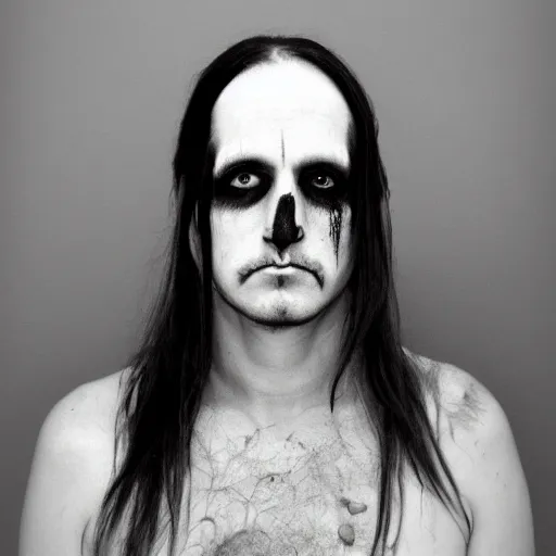 Prompt: Mugshot of a murderer with long hair dressed in black with corpse face paint, 1996, police mugshot portrait, black and white, focus, 8k resolution