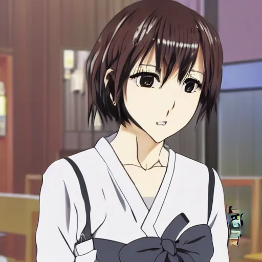 Image similar to Detailed anime key visual of a beautiful Japanese woman with short brown hair, shoulder-length; wearing a white shirt with a floral pattern; Official media