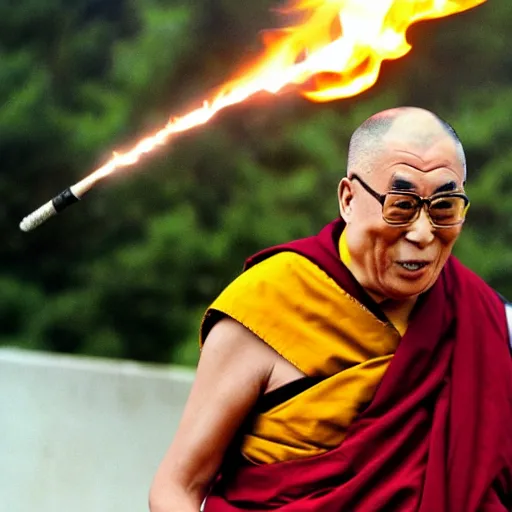 Prompt: dalai lama with a cigarette in his mouth and a bandana on his head, dressed like rambo, firing a flamethrower