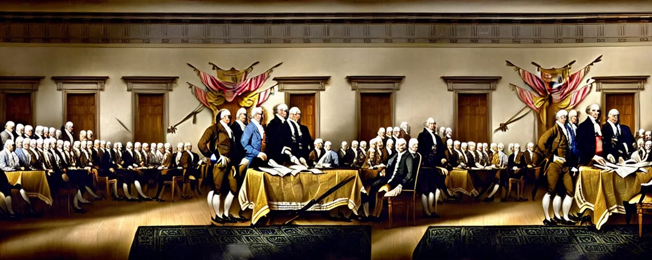 Image similar to the signing of the us declaration of independence, using spaghetti, small details, intricate, canon 8 0 mm, cinematic lighting, wes anderson film, kodachrome