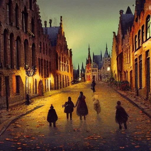 Prompt: 2 hedgehogs walking across the street in Bruges, Belgium, in the style of Greg Rutkowski, autumn, evening, romantic