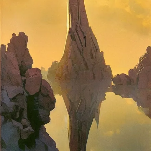 Image similar to dreamy landscape. science fiction. cinematic sci - fi scene. symmetry. accurate anatomy. science fiction theme. brutalism. intricate detail. epic. intimidating. retrofuturism. winter light. monsters. art by john singer sargent - akira toriyama - joaquin sorolla - ralph mcquarrie - kev walker