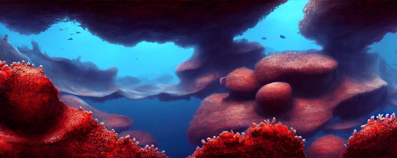 Image similar to A gorgeous detailed oil of a dark red sea covered in big blue steep rocks, a school of piranhas underwater, the further away the mistier it gets, surreal, concept art, dark aesthetic, atmospheric, moody, hyperrealism, highly detailed, masterpiece, award winning, 4k, unreal engine
