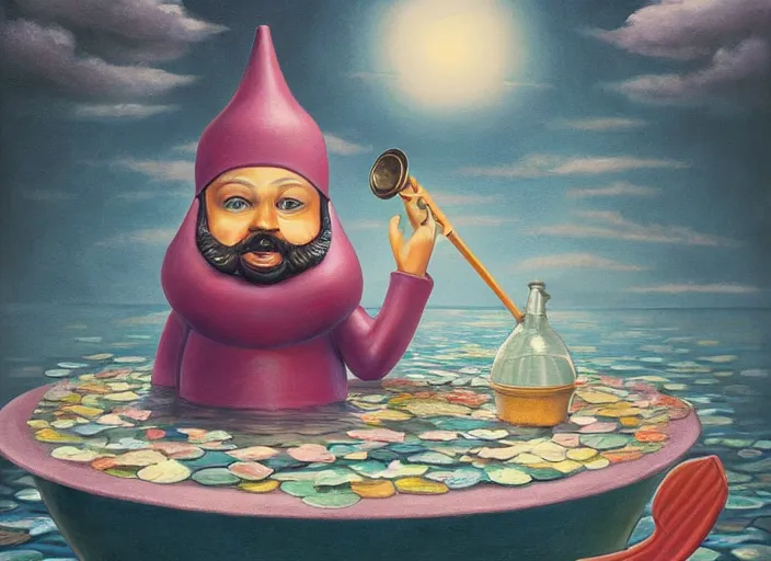 Image similar to a garden gnome sailing in a bucket, whimsical background of a reflective pond on a sunny day with dramatic clouds, an ultrafine detailed painting by mark ryden, trending on deviantart, pop surrealism, whimsical, lowbrow, joyous, perfect symmetrical face