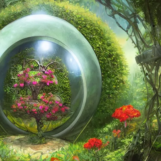 Prompt: a portal in a mysterious garden filled with spherical plants, trending on art station