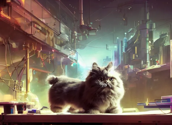 Image similar to low angle shot of a stretching persian cat wearing cyberpunk outfit on a mechanics workbench in a spaceport in a space opera studio ghibli animated film, volumetric lighting, octane render by anime, stanley artgerm lau, greg rutkowski, thomas kindkade, alphonse mucha, loish, norman rockwel, highly detailed