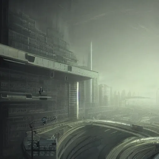 Image similar to futuristic underground polluted dystopian totalitarian regime concrete megacity, depressing, artstation