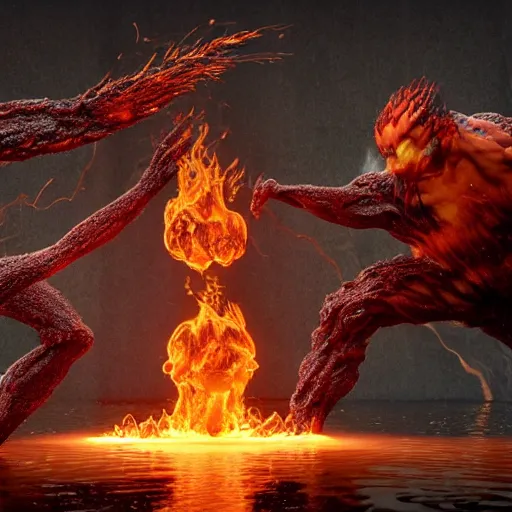 Image similar to A creature made of water and fire, dynamics and flows, meets a creature made of earth and air, in a clash of elements, 8k render, maya and zbrush, by Andrei Riabovitchev