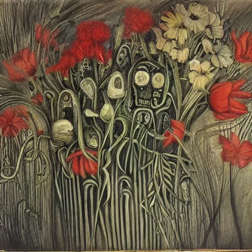 Prompt: A beautiful painting of flowers by HR Giger