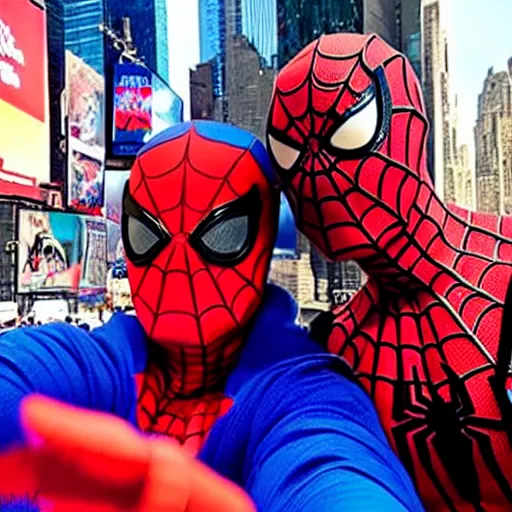 Image similar to a selfie spider - man took with donald trump at time square i'm nyc.