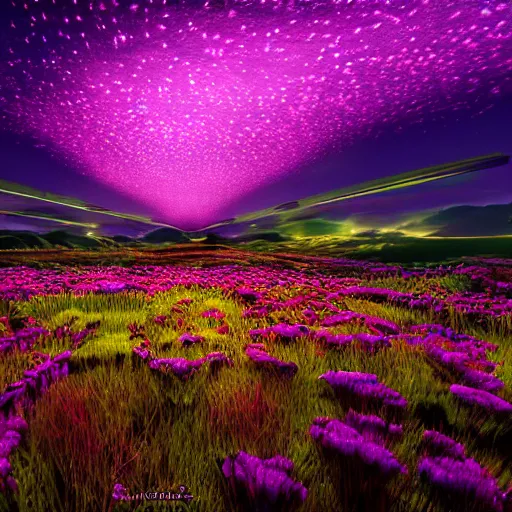 Image similar to bioluiniscent flower blooming at twilight, glow, wide-angle lens, astral, beautiful, intricate, noctilucent, landscape, glowing neon, unreal engine