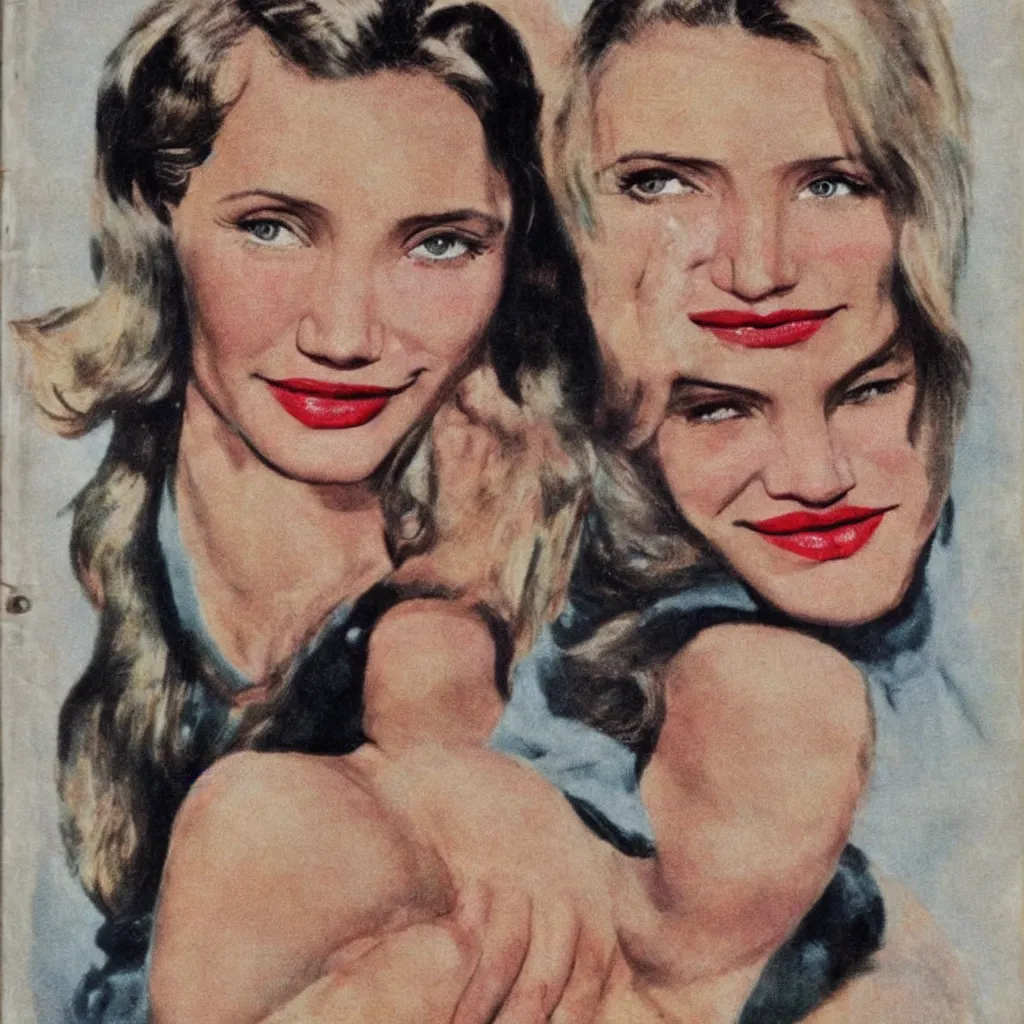 Image similar to Cameron Diaz portrait, color vintage magazine illustration 1950