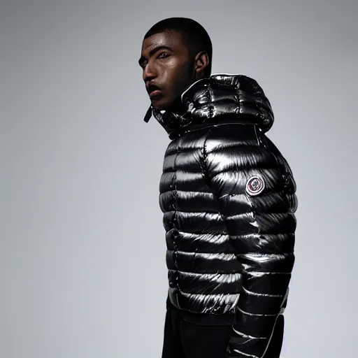 Image similar to photo, black man, silver metallic moncler jacket, baring his teeth like a dog