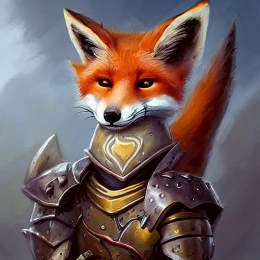 Image similar to cute anthropomorphic Fox using Warrior Armor from D&D, ultra wide lens shot , tiny, small, short, cute and adorable, pretty, beautiful, DnD character art portrait, matte fantasy painting, DeviantArt Artstation, by Jason Felix by Steve Argyle by Tyler Jacobson by Peter Mohrbacher, cinematic lighting