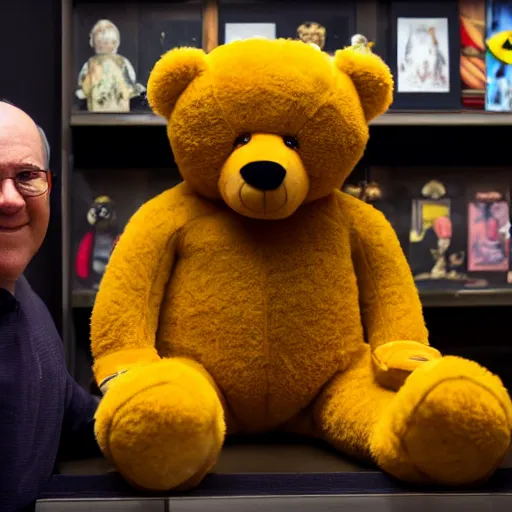 Image similar to a ( ( ( ( muscular yellow teddy bear ) ) ) proudly standing in front of his nfts collection!!!! 4 k photo