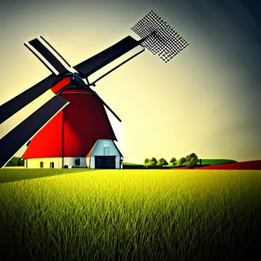 Prompt: farm theme, linux, windmill, broken pipe, 3 d art, digital illustration, perfect lighting