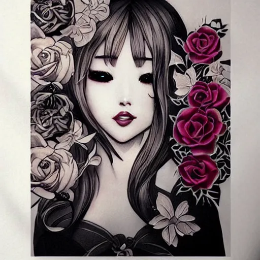 Image similar to tattoo design, stencil, beautiful japanese girls face framed by roses and ivy by artgerm, artgerm, cat girl, anime