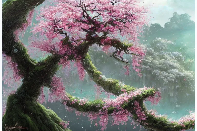 Prompt: highly detailed concept art of a sakura plum tree made with water, overgrowth, Artgerm, Ferdinand Knab, Makoto Shinkai