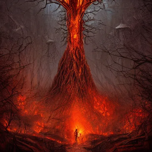 Image similar to tree of pain in a forest of fire, immense structure, hyperrealist, breathtaking, award - winning, groundbreaking, cinematic, dramatic, concept art, fan art, dark fantasy, lovecraft horror, intricate, digital art, zoomorphic, alien, 8 k, trending on artstation