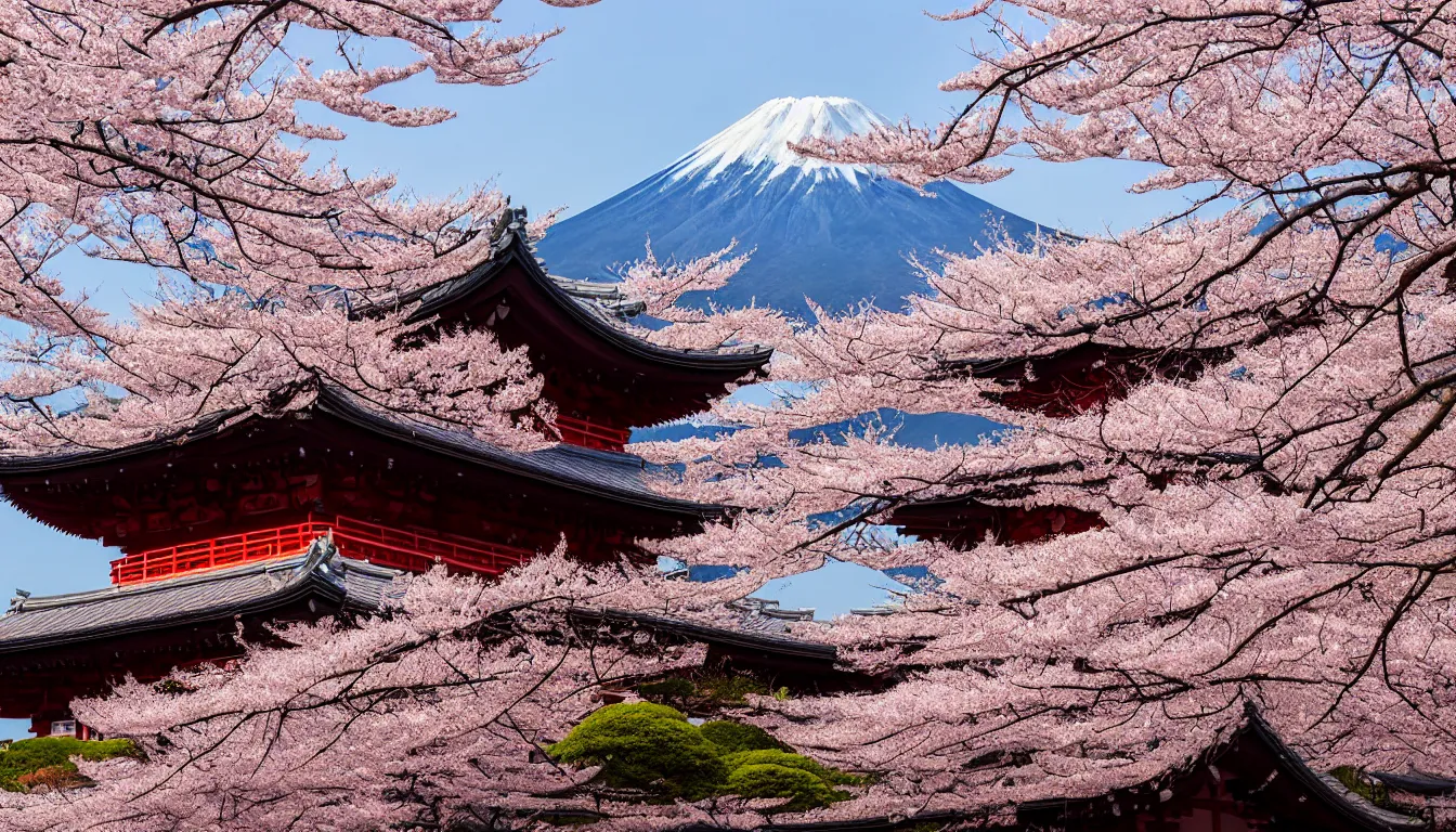 Image similar to a Shinto temple in the midst of a Sakura garden, mount Fuji in the background, stunning japanese aesthetics, studio photography, highly detailed