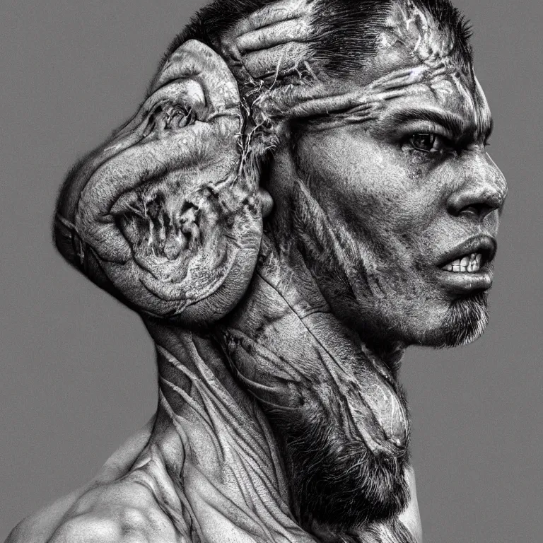 Prompt: surreal spinal ribbed tribal exotic organic face portrait of a beautiful muscled aboriginal man, beautiful detailed intricate insanely detailed BW 3D render digital art, octane render, 8K artistic photography, photorealistic