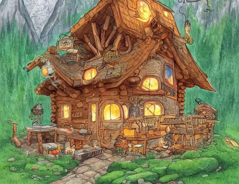 Image similar to cute and funny, a cozy cabin carved into a mountain, heavy rain, ratfink style by ed roth, centered award winning watercolor pen illustration, isometric illustration by chihiro iwasaki, edited by range murata, tiny details by artgerm and watercolor girl, sharply focused