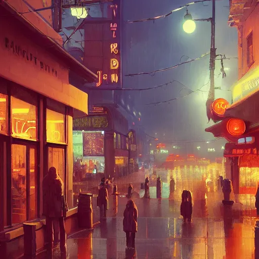 Image similar to movie scene of a store, lviv, a very misty day, a neon sign, by ian mcque ferdinand knab, makoto shinkai and lois van baarle, artgerm, pixar, ilya kuvshinov,, tom bagshaw, global illumination