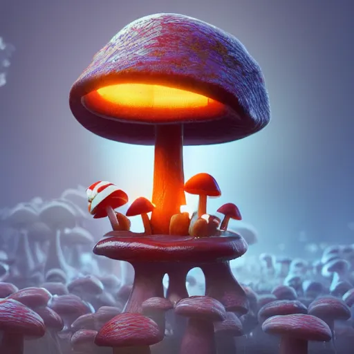 Prompt: : kawaai mushroom Character ,hyper detailed art station  parabolic lighting contest winners unrealengine trending on artstation,cinematic, hyper realism, high detail, octane render, 8k