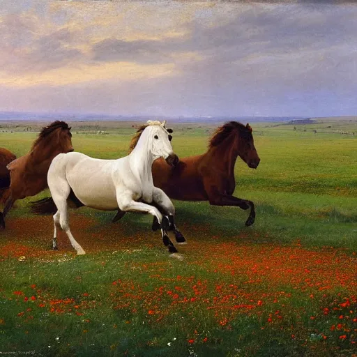 Image similar to ultra wide angle landscape portrait :: six muscular photorealistic white horses run wildly in the wind across a vast field of poppies at twilight :: styles by John Frederick Herring, Susan Crawford, Rosa Bonheur, Jacques-Louis David, and John Collier