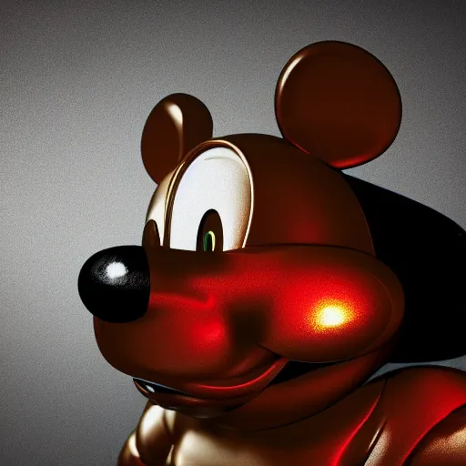 Image similar to mickey mouse head, fractal, broken, wet, mycelium, radiant alien, rococo, baroque, automotive, bio-mechanical, porcelain, iridescent sub surface scattering, octane render