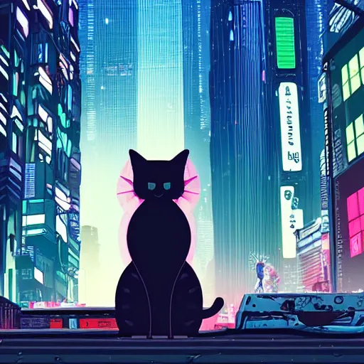 Image similar to a cat with cyberpunk parts in the city