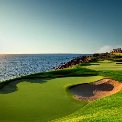 Prompt: a great photograph of the most amazing golf hole in the world, cliffs by the sea, perfect green fairway, human perspective, ambient light, 5 0 mm, golf digest, top 1 0 0, golden hour
