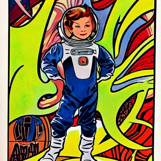 Image similar to a cute little boy with a mischievous face and short ginger hair. he is dressed as an astronaut. well composed, clean elegant painting, beautiful detailed face. comic book art by steve ditko and jack kirby and ( alphonse mucha )