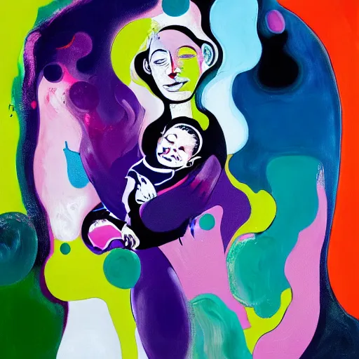 Image similar to woman holding a baby, an ultrafine detailed painting by peter max and francis bacon and fiona rae and hernan bas and anna mond, featured on deviantart, metaphysical painting, biomorphic, mixed media, photorealistic, dripping paint, palette knife texture, masterpiece