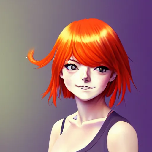 Prompt: <https://s.mj.run/Ku8PZQlrOPQ> beautiful anime girl, Emma Stone, orange glowing hair, sarcastic smiling, clear clean face, symmetrical face, blurry background, pose, trending on artstation, Alexandra Fomina artstation, face by Ilya Kushinov style, style by Loish, Norman Rockwell, painterly style, flat illustration