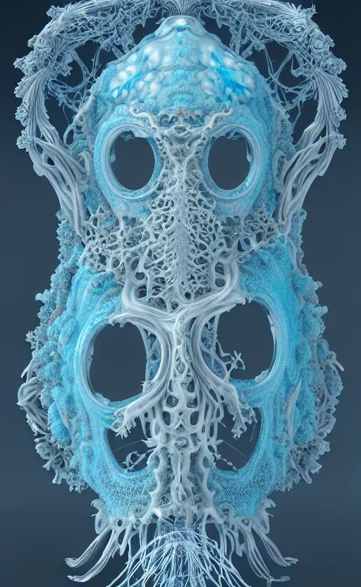 Image similar to intricate gothic baroque porcelain blue mask, eagle coral, jelly fish, feathers, mandelbulb 3 d, fractal flame, octane render, cyborg, biomechanical, futuristic, by ernst haeckel