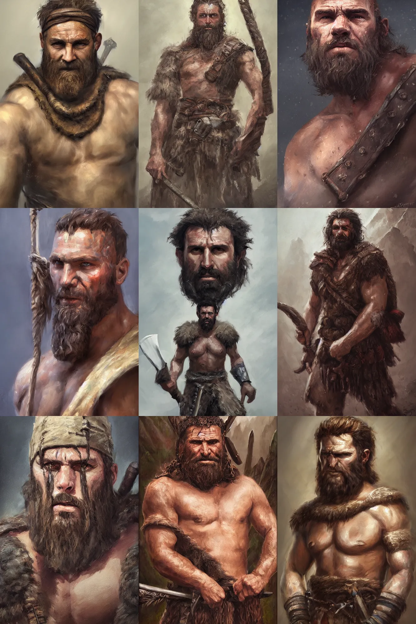 Prompt: a full body fantasy portrait oil painting illustration of a single rugged stoic barbarian man by Justin Sweet with face and body clearly visible, space above head, d&d, rpg, forgotten realms, artstation trending, high quality, sombre mood, artstation trending, muted colours, no crop, entire character,