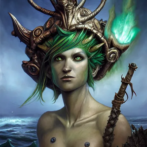 Image similar to a beautiful detailed 3d matte portrait of a triton with green hair, wearing studded leather armor, wielding a staff with a glowing red crystal, male, dungeons and dragons character, standing beside the ocean, by ellen jewett, by tomasz alen kopera, by Justin Gerard, ominous, magical realism, texture, intricate, skull, skeleton, whirling smoke, alchemist bottles, radiant colors, fantasy, volumetric lighting, high details